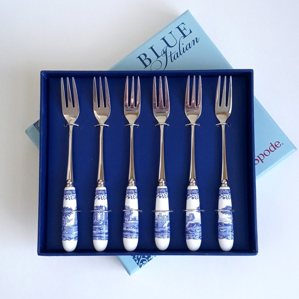 NIB Spode Blue Italian Silver & Floral Landscape Pastry Serving Forks Set Of 6